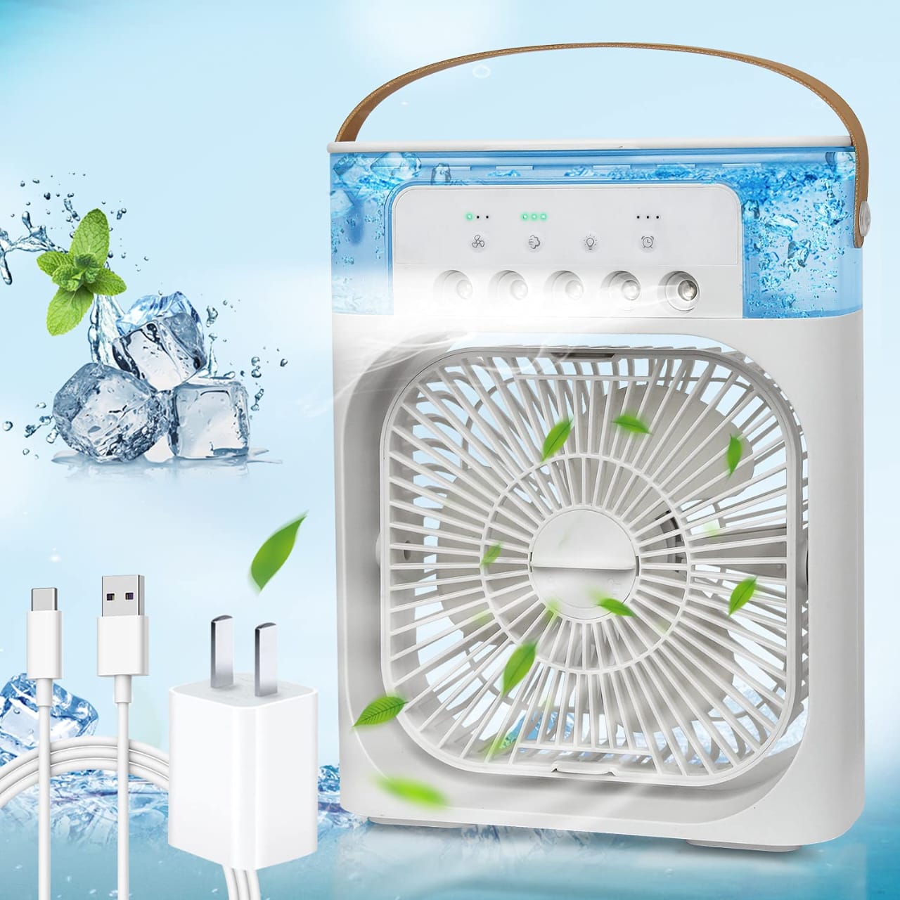 مروحة مكيف هواء محمولة، مبرد هواء تبخيري صغير مع إضاءة LED بـ 7 ألوان