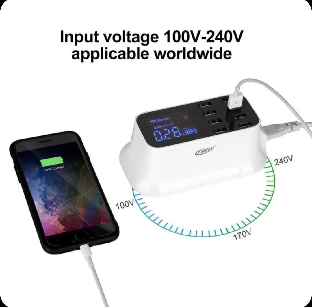 شاحن USB مكتبي بـ8 منافذ مع شاشة LED